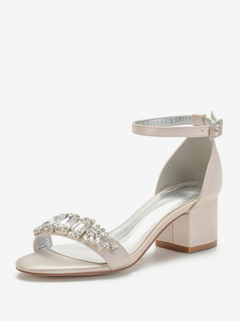 Color champañaZapatos de novia del dedo del pie en punta con cierre de tiras Chunky de tacón zapatos de boda blanco satinado Rhinestones