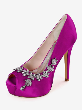 ブライダルシューズ ウェディングシューズ プラットフォーム サテンラインストーン ピープトウ スティレットヒール