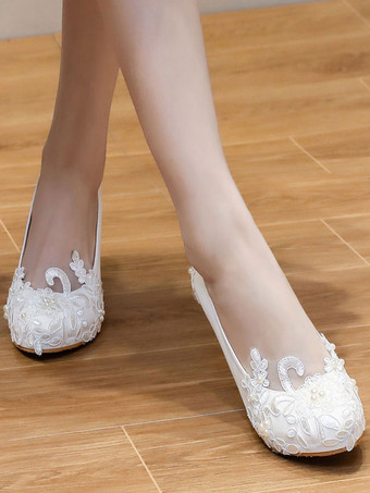 ホワイトウェディングシューズPUレザーパールラウンドトゥスチレットヒールスリップオンブライダルヒール