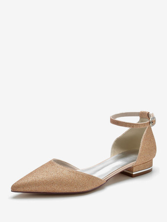シャンパンカラー女性のキラキラ アンクル ストラップ フラット ブライダル シューズ