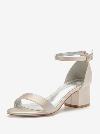 シャンパンカラーウェディングシューズサテンホワイトポインテッドトゥのラインストーンChunlyヒールミッドアンクルストラップブライダルシューズ