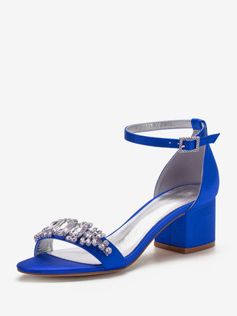 Zapatos de novia del dedo del pie en punta con cierre de tiras Chunky de tacón zapatos de boda blanco satinado Rhinestones