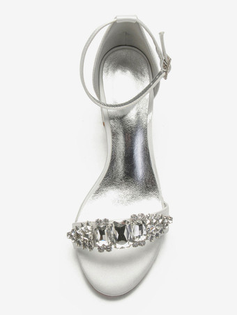 Zapatos de novia del dedo del pie en punta con cierre de tiras Chunky de tacón zapatos de boda blanco satinado Rhinestones