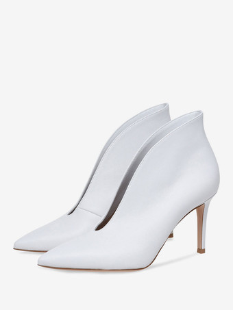 ホワイト ハイヒールブーティー ポインテッドトゥ スティレットヒール アンクルブーツ ブルゴーニュ