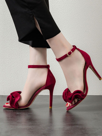 ヒールサンダルバーガンディスティレットヒールオープントゥスエードナップアンクルストラップシャーリングハイヒールシューズ