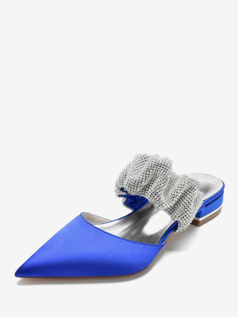 ロイヤルブルー女性の結婚式の靴ラインストーンサテン先のとがったつま先フラットブライダルシューズ