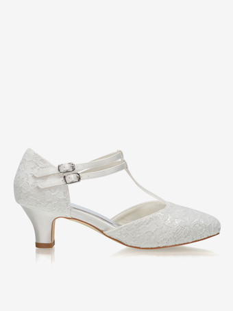レースウェディングシューズ　2026　アイボリー　ポインテッドトゥ　Tタイプ　バックルディテール　ヴィンテージブライダルシューズ