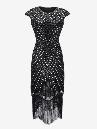 ブラックシルバー1920 年代のファッション スタイルの衣装フラッパー ドレス フリンジ スパンコール パーティー ドレス バーガンディ