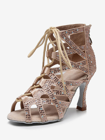 ライト アプリコットラテンダンスシューズシルクとサテンブルーのぞき見つま先ラインストーンブラックダンスシューズ