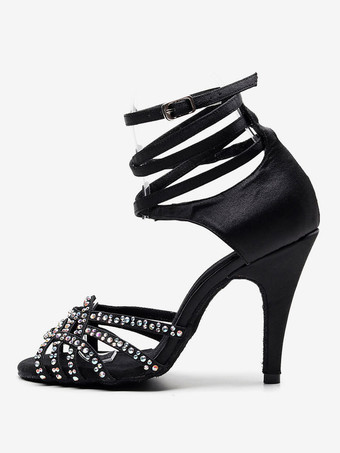 女性用 社交ダンスラテンシューズ 絹織物 オープントゥ ハイヒール ピンヒール ブラック ラインストーン ラグジュアリー サルサダンスシューズ