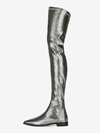 オーバーニーブーツ シルバー ポインテッドトゥ ブライトレザー ウィンターブーツ 女性用
