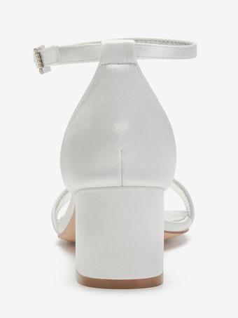 Zapatos de novia del dedo del pie en punta con cierre de tiras Chunky de tacón zapatos de boda blanco satinado Rhinestones