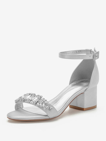 plateado Zapatos de novia del dedo del pie en punta con cierre de tiras Chunky de tacón zapatos de boda blanco satinado Rhinestones