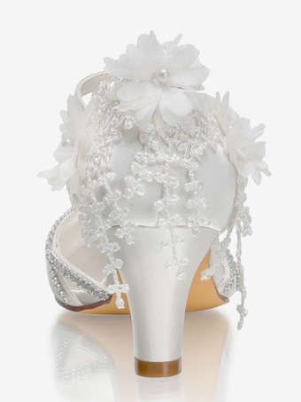 Elfenbein Hochzeitsschuhe Satin Elfenbein Runde Zehe Strasssteine Chunky Heel Mid Brautschuhe