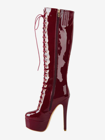 プラットフォームニーハイブーツブライトレザーレースアップスティレットヒールブーツ