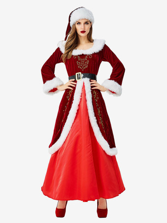 サンタコスプレ衣装 女性用 レッド 帽子 サッシュベルト ドレス クリスマス 大人用 ポリエステル コスチューム ホリデーコスチューム