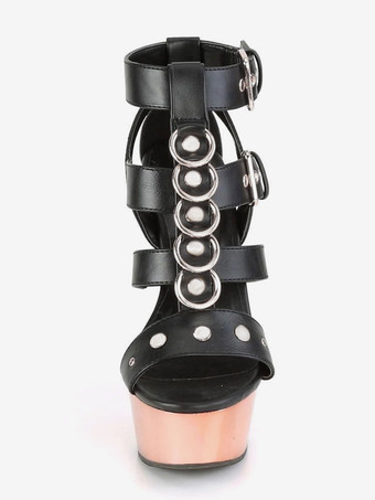 ハイヒールセクシーサンダルブラックPUレザーピープトゥグラディエーターセクシープラットフォームサンダル ポールダンスシューズ