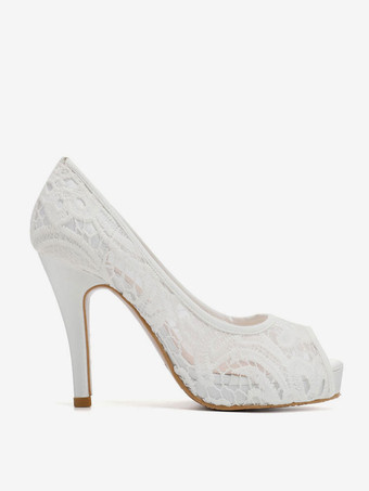 女性のかかと白いゴブレットのかかとのプラットフォームレースのぞき見つま先のかかとのスリップオンパンプス