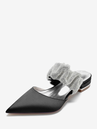 ブラック 女性の結婚式の靴ラインストーンサテン先のとがったつま先フラットブライダルシューズ