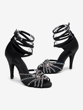 女性用 社交ダンスラテンシューズ 絹織物 オープントゥ ハイヒール ピンヒール ブラック ラインストーン ラグジュアリー サルサダンスシューズ