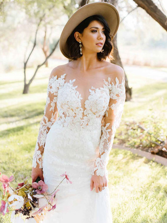 ホワイトエクリュホワイトマーメイドウェディングドレスイリュージョンネックラインロングスリーブバックレスレース、トレインブライダルドレス