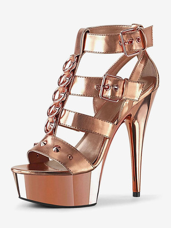 ゴールド ハイヒールセクシーサンダルブラックPUレザーピープトゥグラディエーターセクシープラットフォームサンダル ポールダンスシューズ