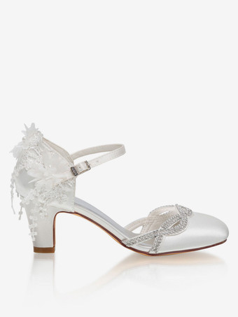 Elfenbein Hochzeitsschuhe Satin Elfenbein Runde Zehe Strasssteine Chunky Heel Mid Brautschuhe