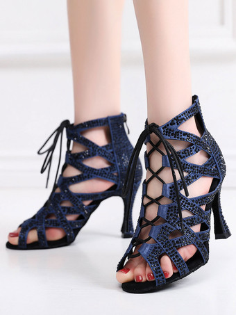 ラテンダンスシューズシルクとサテンブルーのぞき見つま先ラインストーンブラックダンスシューズ