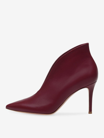 ハイヒールブーティー ポインテッドトゥ スティレットヒール アンクルブーツ ブルゴーニュ