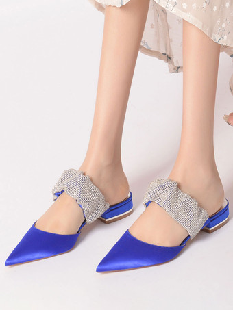 女性の結婚式の靴ラインストーンサテン先のとがったつま先フラットブライダルシューズ