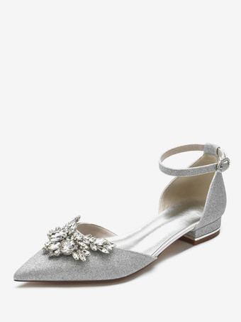 Argento Scarpe da sposa da donna Strass Paillettes Stoffa a punta Scarpe da sposa piatte