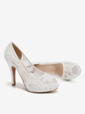女性のかかと白いゴブレットのかかとのプラットフォームレースのぞき見つま先のかかとのスリップオンパンプス