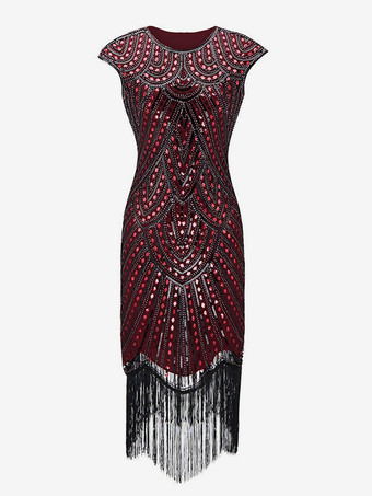 レッド 1920 年代のファッション スタイルの衣装フラッパー ドレス フリンジ スパンコール パーティー ドレス バーガンディ