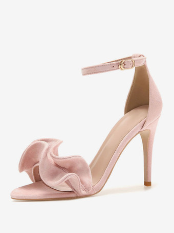 ピンクヒールサンダルバーガンディスティレットヒールオープントゥスエードナップアンクルストラップシャーリングハイヒールシューズ