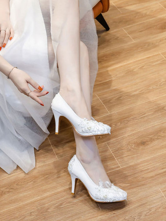 ホワイトウェディングシューズPUレザーパールラウンドトゥスチレットヒールスリップオンブライダルヒール