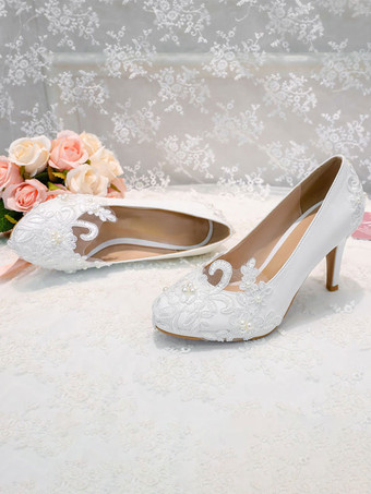 ホワイトウェディングシューズPUレザーパールラウンドトゥスチレットヒールスリップオンブライダルヒール