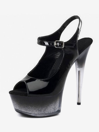 ブラック 女性のハイヒールセクシーサンダルブラックパテントPUアッパーオープントゥサマーサンダル ポールダンスシューズ
