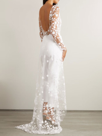 ホワイトのシンプルなウェディングジャンプスーツ ジュエルネック 長袖 レース Aライン ブライダルジャンプスーツ 無料カスタマイズ