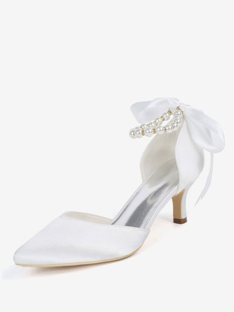 blanco Zapatos de novia de satén Zapatos de Fiesta de tacón de kitten Zapatos Color de uva Zapatos de boda de puntera puntiaguada 6cm con perlas