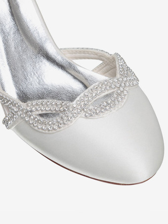Elfenbein Hochzeitsschuhe Satin Elfenbein Runde Zehe Strasssteine Chunky Heel Mid Brautschuhe