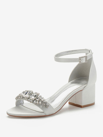 Zapatos de novia del dedo del pie en punta con cierre de tiras Chunky de tacón zapatos de boda blanco satinado Rhinestones