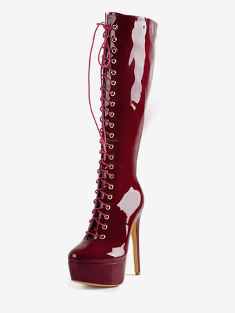 ワインレッド プラットフォームニーハイブーツブライトレザーレースアップスティレットヒールブーツ