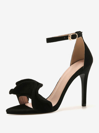 ブラック ヒールサンダルバーガンディスティレットヒールオープントゥスエードナップアンクルストラップシャーリングハイヒールシューズ