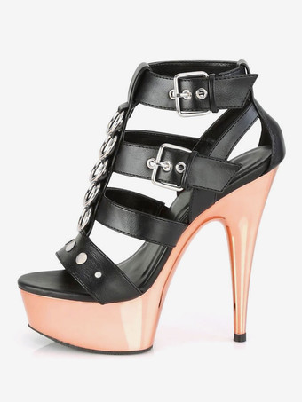 ハイヒールセクシーサンダルブラックPUレザーピープトゥグラディエーターセクシープラットフォームサンダル ポールダンスシューズ