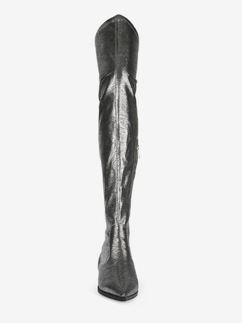 オーバーニーブーツ シルバー ポインテッドトゥ ブライトレザー ウィンターブーツ 女性用