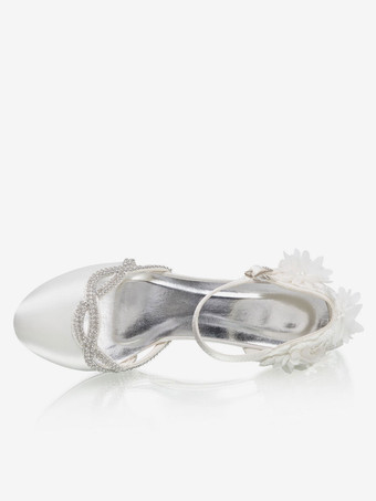 Elfenbein Hochzeitsschuhe Satin Elfenbein Runde Zehe Strasssteine Chunky Heel Mid Brautschuhe