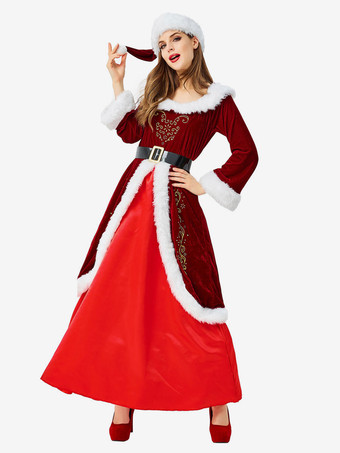 サンタコスプレ衣装 女性用 レッド 帽子 サッシュベルト ドレス クリスマス 大人用 ポリエステル コスチューム ホリデーコスチューム