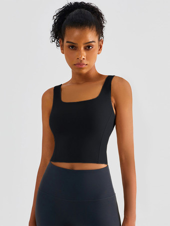 ブラック ヨガタンクトップ ライクラ ノースリーブ スクエアネック ランニングブラ 女性用