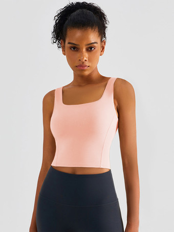 ピンクヨガタンクトップ ライクラ ノースリーブ スクエアネック ランニングブラ 女性用