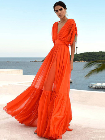女性マキシドレスオレンジレッドVネック半袖バックレスロングドレス